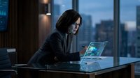 Asian woman in business attire working on laptop at modern office desk with city skyline view through floor-to-ceiling windows at dusk, professional environment for corporate and business concepts.