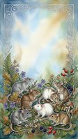 Watercolor frame with cute mice and rats among autumn foliage, berries and flowers on soft blue background for greeting cards and seasonal designs.
