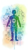Geometric human silhouette with scientific symbols and mathematical formulas on colorful watercolor background for educational and research concepts.