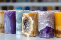 Colorful crystal geode candle holders in row showing natural amethyst, citrine, and agate formations embedded in wax, creating mystical ambient lighting.