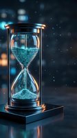 Digital hourglass with binary code sand flowing through glass timer representing data processing, time management and technology concepts on dark background.