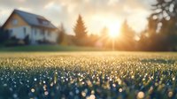 Morning dew drops on grass blades sparkle in golden sunrise light with suburban house and pine trees silhouettes in blurred background, dreamy bokeh effect.