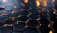 Metallic hexagonal pattern with glowing golden edges on dark background, abstract technological structure with depth of field and bokeh lighting effects.