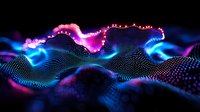 Abstract digital wave pattern with glowing neon pink and blue particles forming dynamic flowing landscape against dark background. Futuristic technology visualization.