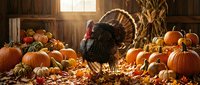 Wild turkey with fanned tail feathers standing among scattered pumpkins and dried corn stalks in rustic barn setting with warm golden sunlight filtering through windows.