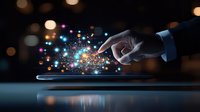 Businessman finger touching tablet screen with colorful light particles emerging, representing digital transformation and technology innovation.
