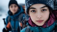 Young Asian woman wearing winter clothing with snow falling, close-up portrait outdoors while hiking. Second hiker with backpack visible in background, soft bokeh effect.