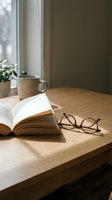 Open book with eyeglasses and mug on wooden desk by window with natural light, suitable for education, reading, and lifestyle content.