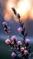 Delicate purple flower buds covered in morning dew drops against soft bokeh sunrise background, creating magical nature macro photography atmosphere.