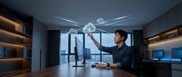 Asian businessman in modern office interacting with holographic cloud computing interface displaying data connectivity and digital transformation technology.