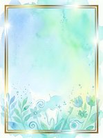 Watercolor floral frame with gold border and botanical elements in soft blue and green tones, isolated on transparent background, ready for invitations and design projects.