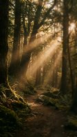 Sunbeams pierce through ancient forest canopy creating magical golden light rays on woodland path. Mystical nature scene with dramatic lighting and atmospheric mood.