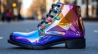Holographic combat boot with iridescent rainbow finish and black laces on blurred urban background. Trendy fashion footwear featuring metallic multicolor shine effect.