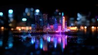 Modern city skyline with vibrant neon lights reflecting in water at night, blurred bokeh foreground creates dreamy urban landscape with glowing skyscrapers and colorful illumination.
