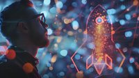 Young bearded man in glasses looking at glowing rocket hologram against bokeh lights background, representing startup vision and innovation concept.
