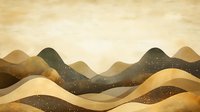 Minimalist desert landscape with rolling sand dunes under starry sky in golden and brown tones, featuring layered mountains and atmospheric evening scenery.