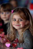 Young Caucasian girl with blonde hair and bright smile wearing gray sweater poses with Valentine's Day decorations, pink hair clip, and heart ornaments in foreground.
