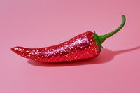 Red chili pepper with glitter coating on pink background, isolated for design, packaging, and culinary content use.