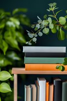 Stacked colorful books on wooden shelf with eucalyptus branch and green plants against dark background, creating cozy home library atmosphere.