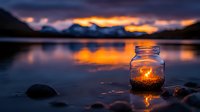 Glowing candle in glass jar illuminates tranquil mountain lake at sunset, with dramatic orange sky reflecting on calm water surface creating magical atmosphere.