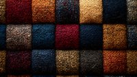 Colorful fabric samples arranged in grid pattern showing various textile textures and weaves for interior design and upholstery projects.