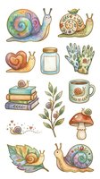 Whimsical snail clipart collection with watercolor details, isolated on white background, ready for design projects, stationery, textiles, and creative applications.