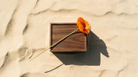 Wooden tray with orange poppy flower on sandy beach surface creating natural shadows and textures for spa wellness and relaxation concepts.