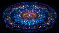 Glowing circular mandala pattern in deep blue and orange colors with mystical kaleidoscope effect against black background, creating cosmic spiritual atmosphere.