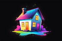 Vibrant rainbow-colored house glowing against dark background with neon gradient effect and illuminated windows, surrounded by colorful liquid splashes and hearts.
