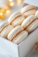 White French macarons with golden filling arranged in elegant gift box against soft bokeh background. Sweet delicate meringue cookies for luxury dessert.