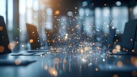 Magical glowing particles and bokeh lights floating over reflective surface in dark blue atmosphere, creating ethereal sparkle effect and dreamy ambiance.