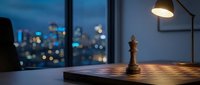 Strategic chess piece on wooden board in modern office with city skyline view at dusk, symbolizing business planning, leadership and competitive strategy for corporate environments.