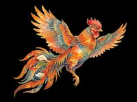 Colorful rooster with ornate feathers in orange, gold, and teal tones, isolated on transparent background. Ready for t-shirt designs, clipart, stickers, and print-on-demand products.