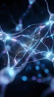 Glowing neural network connections with electric synapses firing in deep space background for medical and technology presentations.