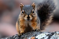 Curious fox squirrel with bright eyes and fluffy tail perched on tree bark, looking directly at camera in close-up view against soft blurred background.