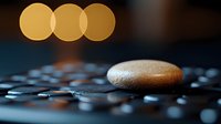Zen stone on dark surface with golden bokeh lights creating peaceful atmosphere. Water drops add natural element to minimalist spa composition.