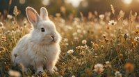 White rabbit sitting in wildflower meadow during golden hour sunset, surrounded by blooming daisies and dried grasses, suitable for nature and wildlife content.
