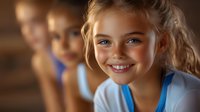 Young girl with bright smile and natural expression in casual clothing against warm brown background, soft lighting creates cozy atmosphere.