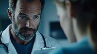 Mature male doctor with beard and blue eyes consulting patient in medical office, dramatic lighting creates professional healthcare atmosphere.