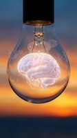 Glowing brain inside light bulb against warm sunset gradient background, symbolizing innovation, creativity, and intelligent ideas for business and technology concepts.