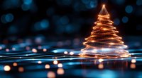 Glowing spiral light trails forming Christmas tree shape against dark background with blue bokeh lights and reflective surface, festive holiday concept.