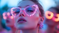 Young Caucasian woman wearing pink crystal-decorated cat eye glasses in dreamy neon lighting, face tilted upward with parted lips, ethereal bokeh background creates magical mood.