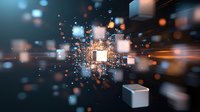 Glowing white cubes floating in dark space with light particles and bokeh effects creating futuristic tunnel perspective, abstract digital technology concept.