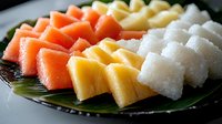 Fresh tropical fruit platter with watermelon, pineapple and coconut chunks arranged in rows on green palm leaf, served on dark plate. Healthy summer dessert.