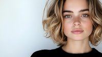 Young Caucasian woman with blonde wavy bob haircut, natural makeup, and freckles wearing black top against white background, looking directly at camera with confident expression.