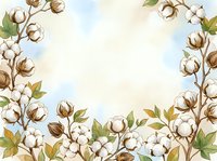 Watercolor cotton branches frame with fluffy bolls and green leaves on soft pastel background, perfect for cards, invitations, and nature designs.