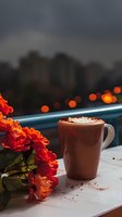 Cozy evening with hot chocolate topped with whipped cream and cocoa powder, alongside vibrant orange roses against blurred city lights background.