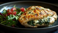 Juicy chicken breast stuffed with spinach and cheese, seasoned with herbs and spices, served on dark plate with fresh garden salad and tomatoes.