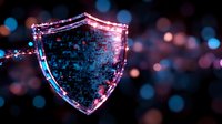 Glowing digital security shield with pink and blue neon light effect on dark background with bokeh circles, representing cyber protection and data safety.