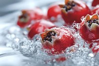 Fresh red currants splashing in crystal clear water with droplets and bubbles creating dynamic movement, macro photography for food and beverage advertising.